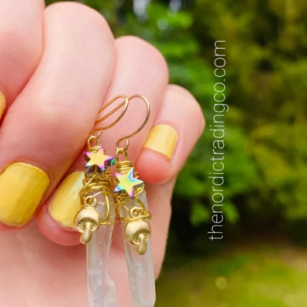 Women's Aura Crystal Fairy Mushroom Handmade Earrings Gold Tone